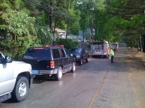 Emergency and Rescue vehicles parked along Mashapaug Road