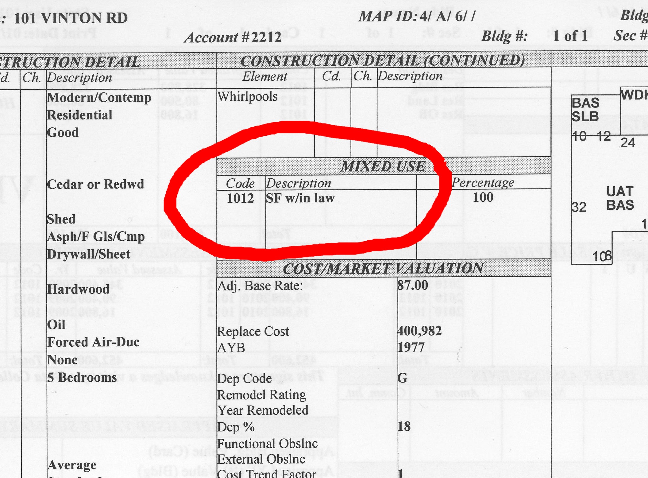 Detail of Wettlaufer ’s Property Record Card showing the listed “MIXED USE, SINGLE FAMILY with in law.”