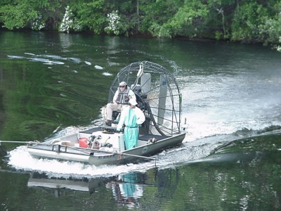 Fan-boat-distributing-chemicals-into-Hamilton-Reservoir,-(Holland-Blog-archive-picture)